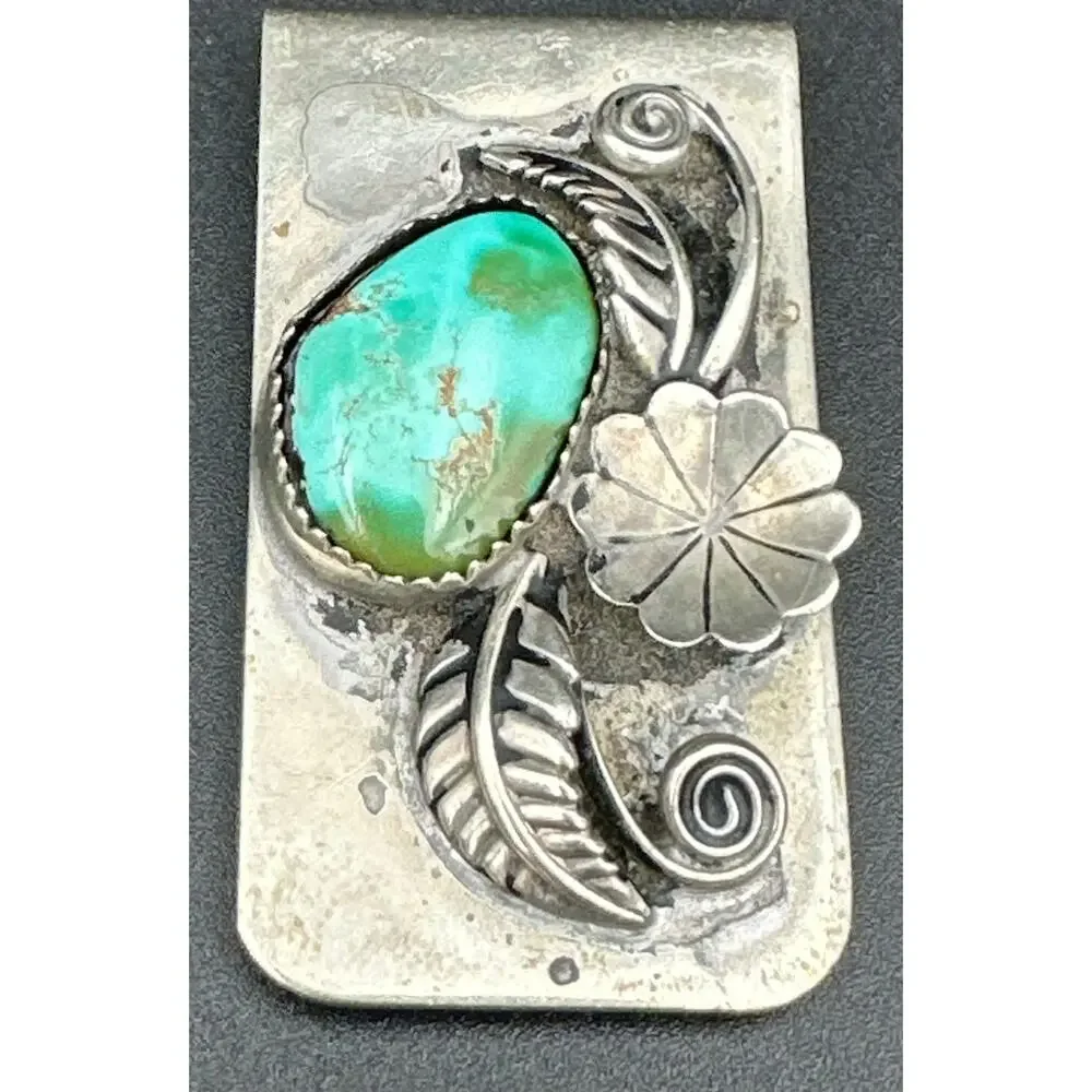 Vintage Navajo Style Sterling Silver Turquoise Money Clip Leaf & Flower Design